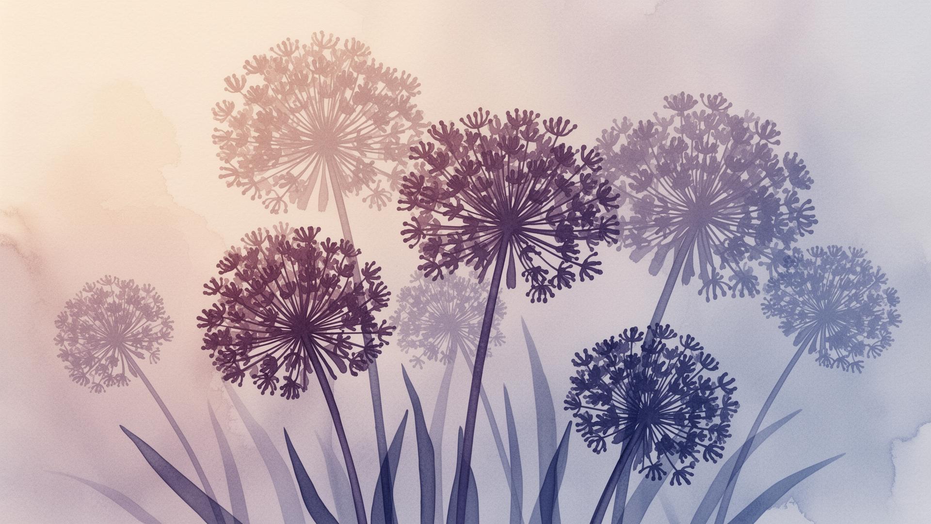 Soft watercolor allium flowers in purple and blue